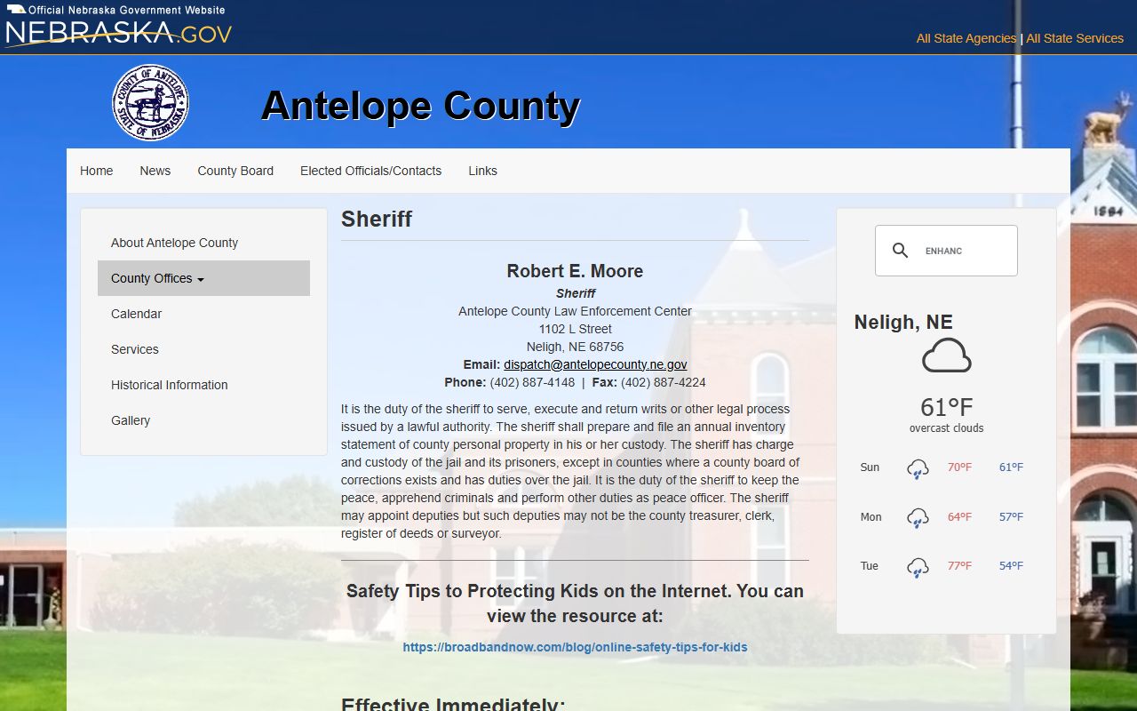 Antelope County Law Enforcement Center custody search and sheriff contact information
